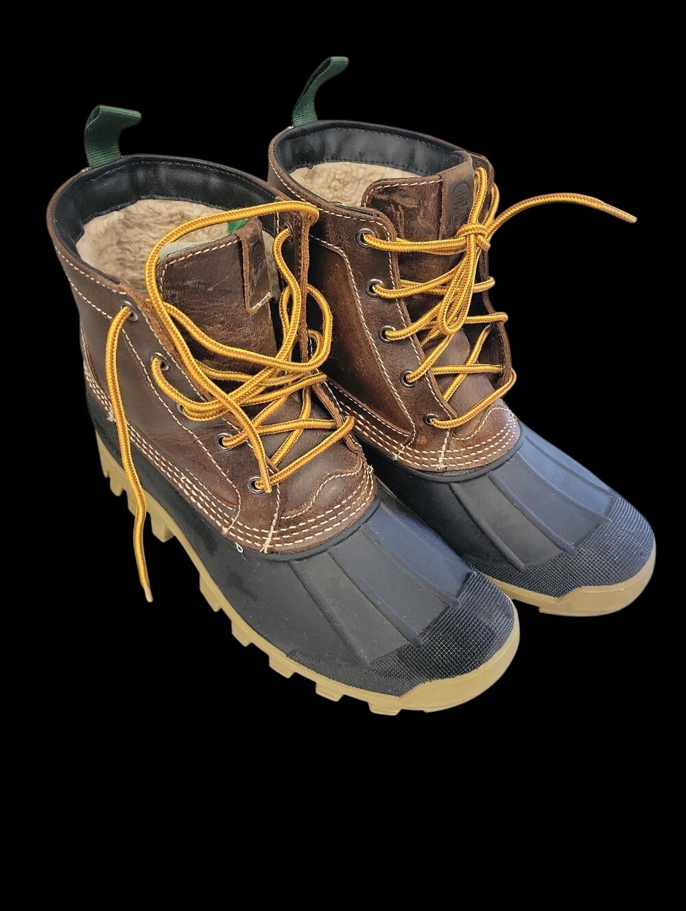 Kamik Brown Leather & Black Rubber Duck Boots with Yellow Laces